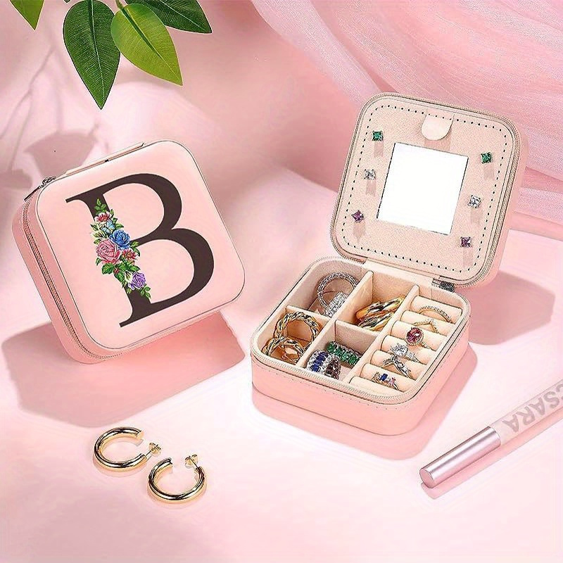 

Personalized Floral Letter Pattern Initial Mini Jewelry Box With Mirror, Portable Travel Case, For Rings, Necklaces, Earrings