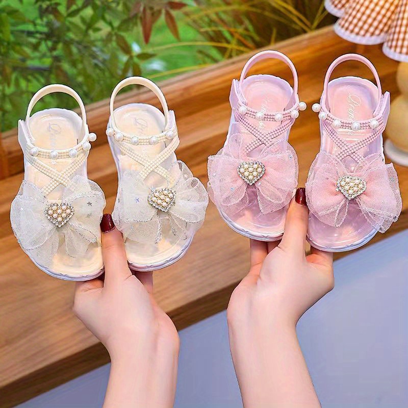 

Trendy Cute Rhinestone Bowknot Open Toe Sandals For Girls, Breathable Non-slip Sandals For Holiday Beach