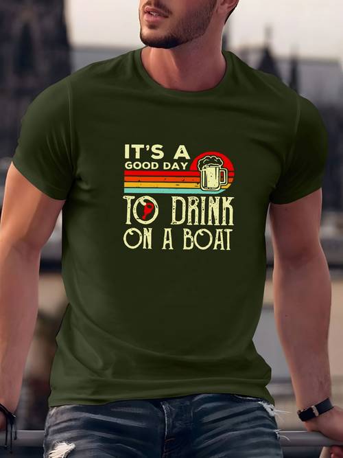 It Is A Good Day To Drink Beer Print, Men's Round Neck Short Sleeve, Simple Style Tee Fashion Regular Fit T-Shirt Casual Comfy Top For Spring Summer Holiday Leisure Vacation Valentines Day