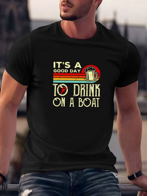 It Is A Good Day To Drink Beer Print, Men's Round Neck Short Sleeve, Simple Style Tee Fashion Regular Fit T-Shirt Casual Comfy Top For Spring Summer Holiday Leisure Vacation Valentines Day
