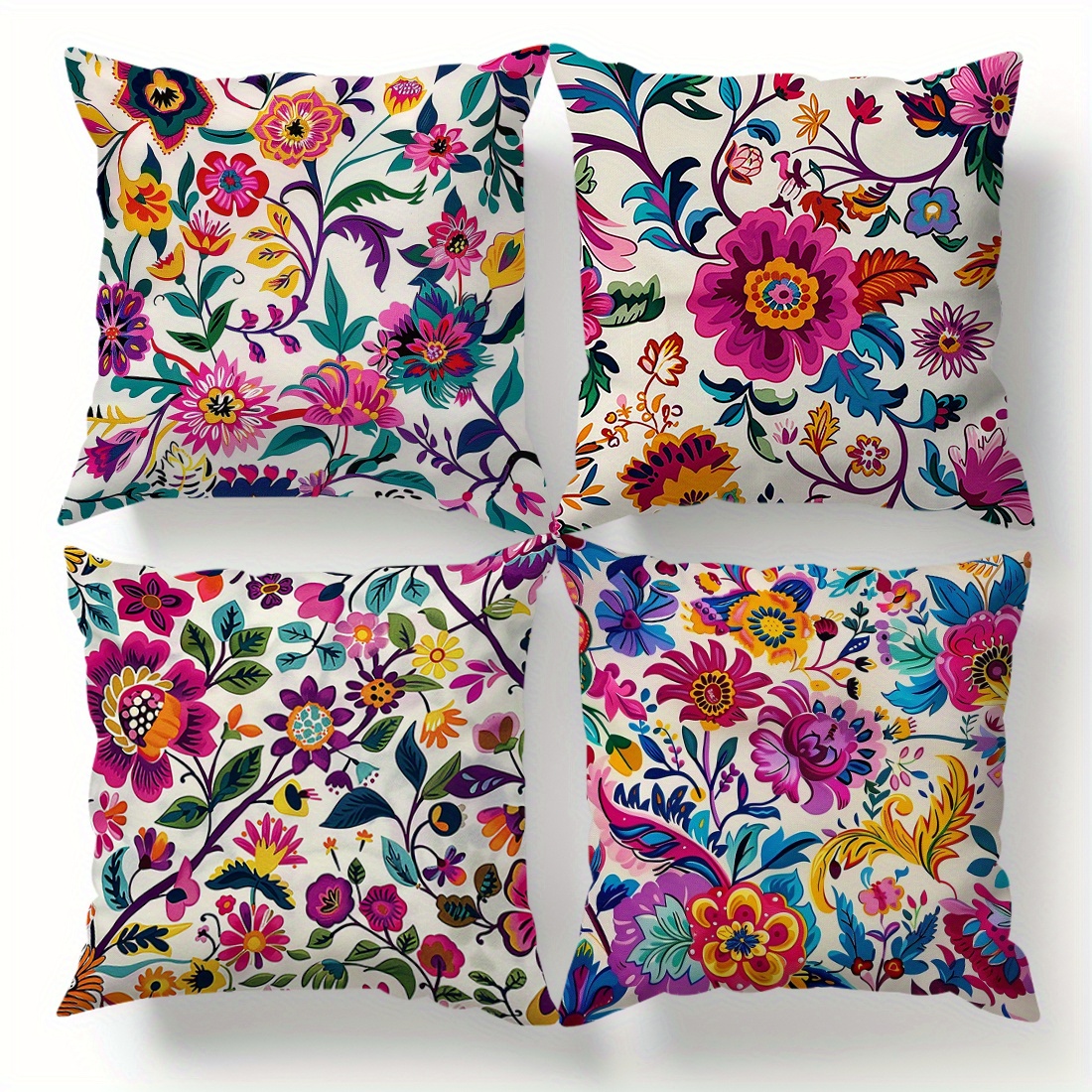 

4pcs Floral Mexican Folk Art Throw Pillow Covers, Peach Skin Velvet 17.7x17.7 Inches, Contemporary Style Home Decor Cushion Cases