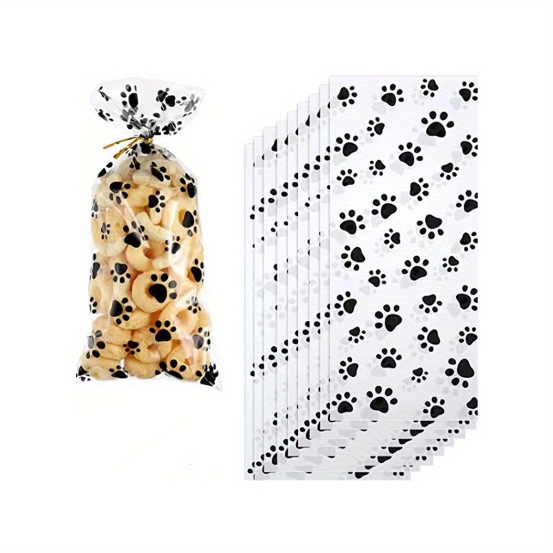 

50pcs Dog Paw Print Cellophane Treat Bags With Tie Closure - Clear Cookie & Candy Gift Bags For Retail , Flat Pocket, Sealed, Dog Bones