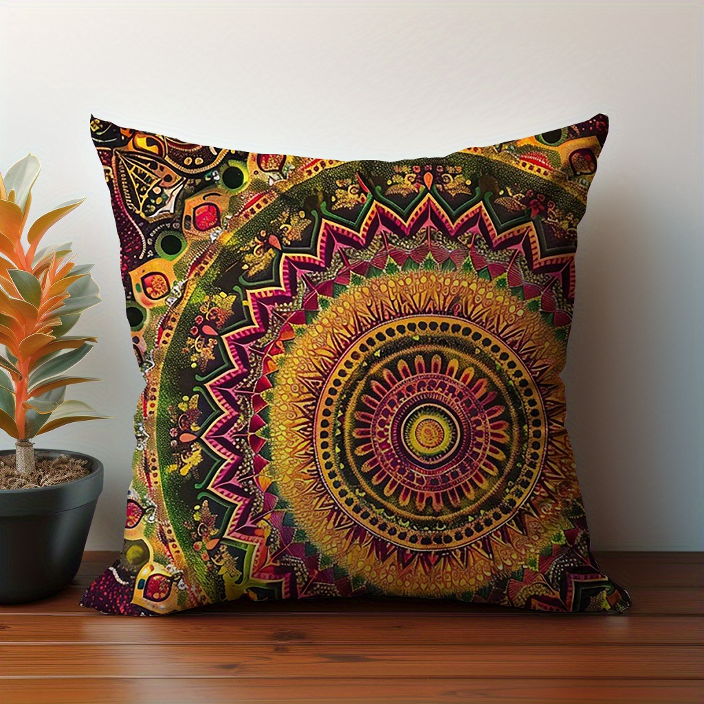 

Bohemian Red & Yellow Floral Dual-sided Print Throw Pillow Cover - Soft Velvet, Zip Closure, Machine Washable, 18x18 Inches - Home Decor