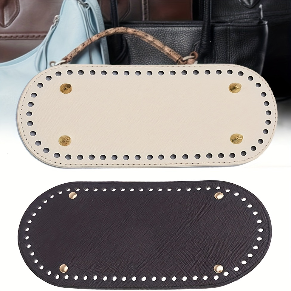 

2pcs Oval Handmade Woven Bag Bottoms, Diy Crochet Basket Accessories, Black & Beige Pu Leather With Pre-punched Holes, Craft Supplies For Bag Making