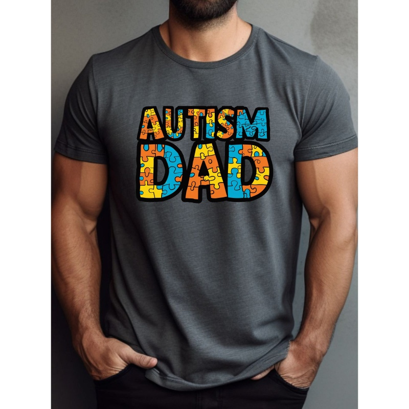 

Autism Dad Print Men's Round Neck Short Sleeve Tee Fashion Regular Fit T-shirt Top For Spring Summer Holiday Leisure Vacation