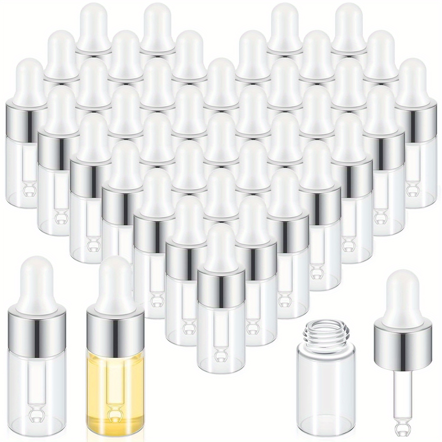 

100pcs Mini Glass Dropper Bottle Bulk Clear Essential Oil Dropper Bottles Small Glass Dropping Sample Containers Perfume Liquid Cosmetic Sample Vials With Cap For Traveling (silver, 3 Ml)