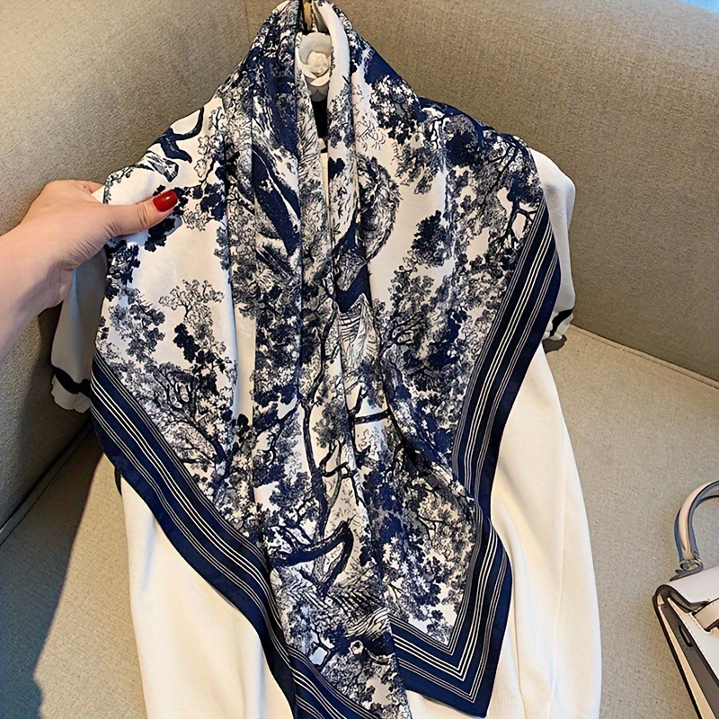 

35.43in Vintage Style Jungle Print Square Scarf, Elegant Blue And White Decorative Neck Wrap, Stylish Accessory For Spring/summer, Sun Protection Head Scarf