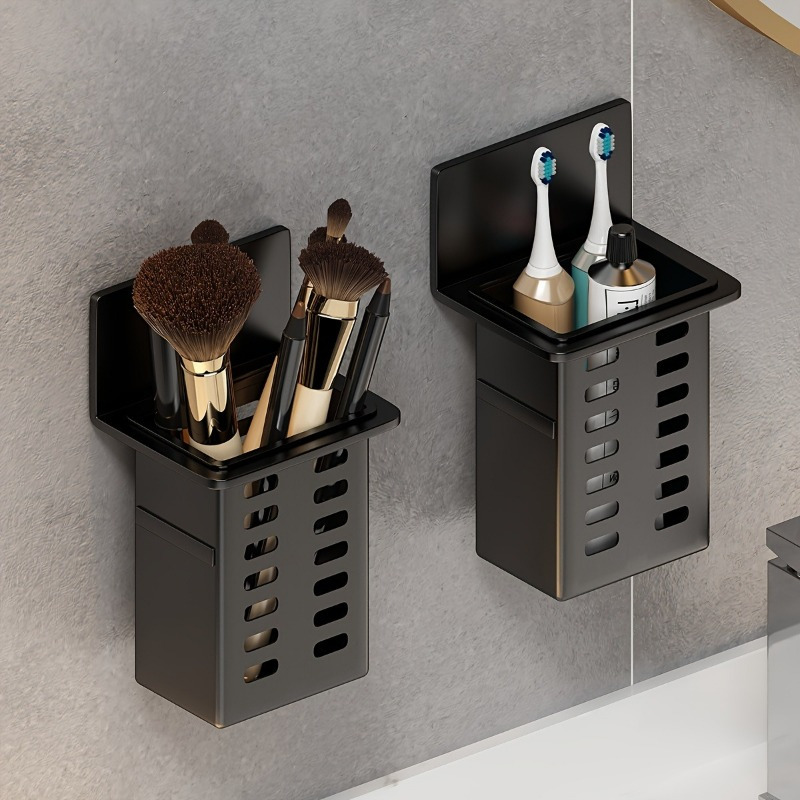 

Wall-mounted Storage Organizer For Toothbrushes, Makeup Brushes - No Drill Required, Black & White Bathroom Rack With Drainage, Multi-functional Kitchen & Bathroom Accessory