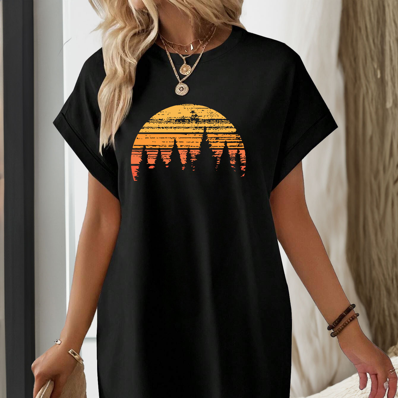

Forest At Sunset Print Lounge Dress, Casual Batwing Sleeve Round Neck Medium Stretch Tee Dress With Pockets, Women's Loungewear