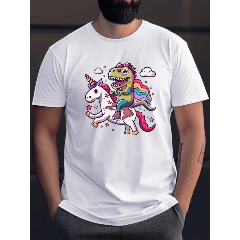 

T Rex Dinosaur Riding Unicorn Print Tee Shirt, Tees For Men, Casual Short Sleeve T-shirt For Summer