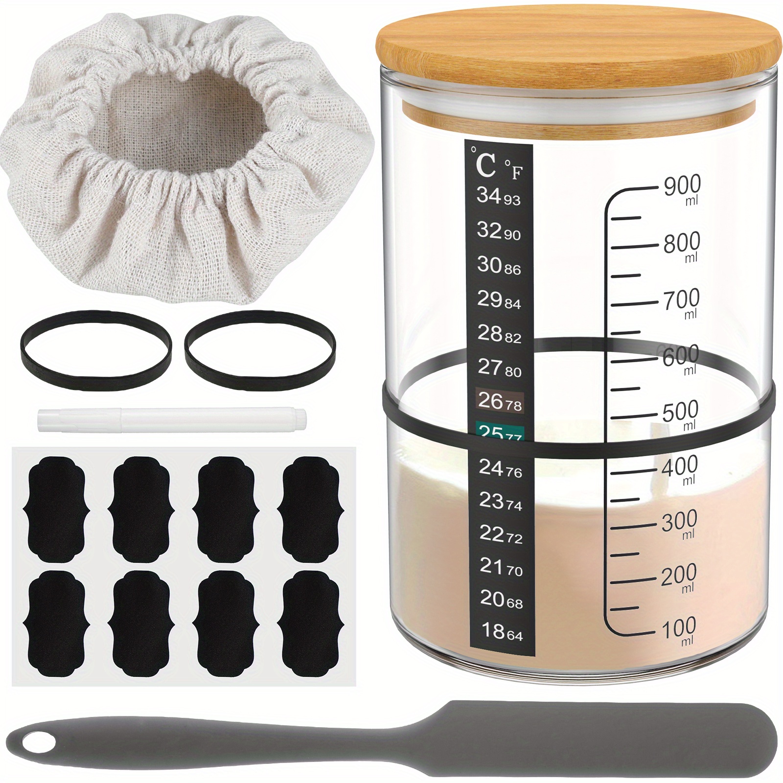 

9-piece Sourdough Starter Kit: 900ml Large Capacity Glass Fermentation Jar With Lid, Spatula, Marking Tape, And Temperature Paper - Perfect For Baking Sourdough Bread