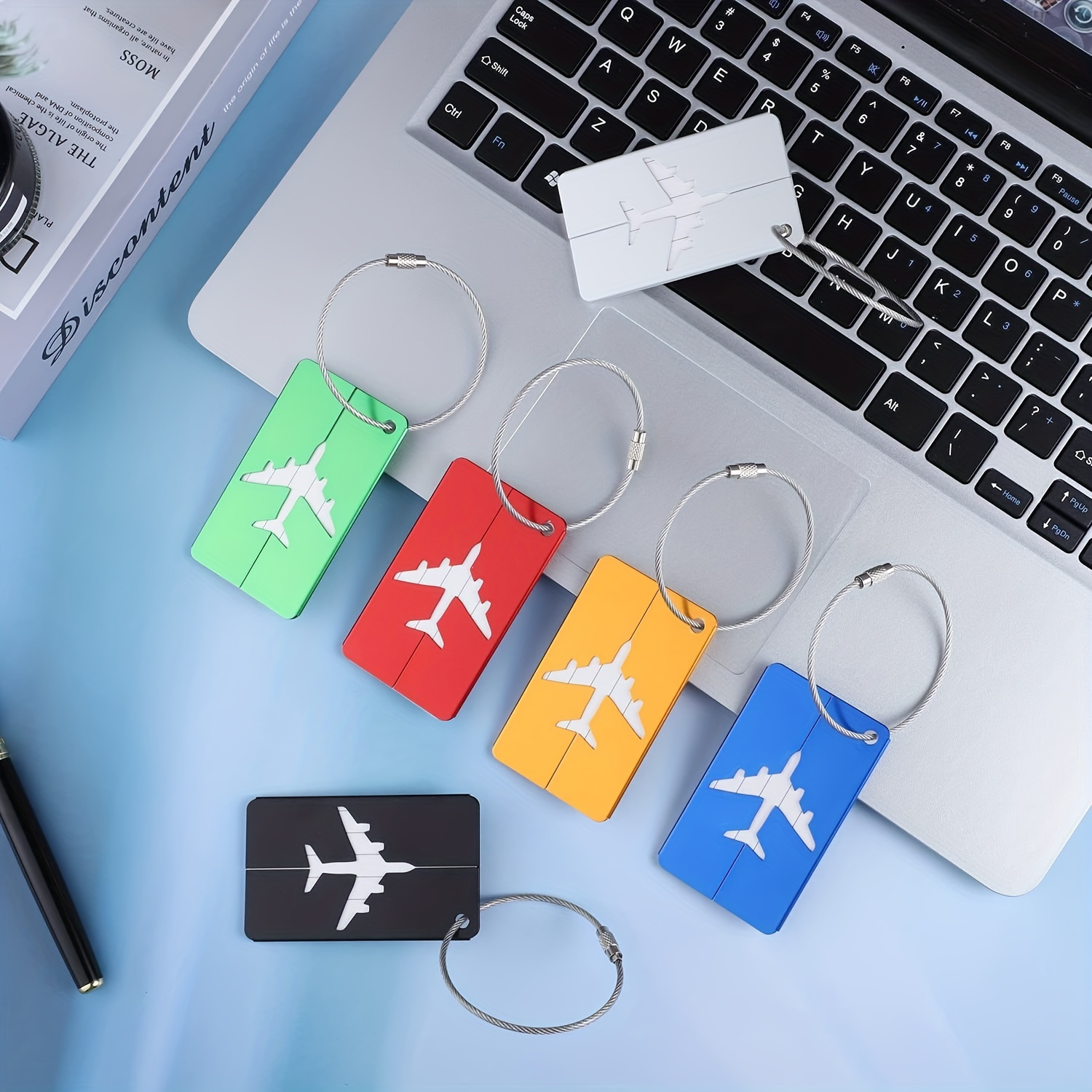 5pcs Luggage Tags Set, Simple Pattern Tag, Steel Ring Luggage Tag, Airplane Boarding Tag, Travel Identification Tag, Office Business Trip Supplies Accessories