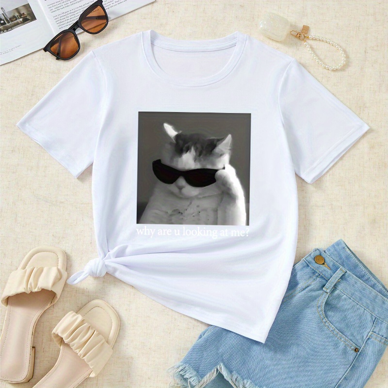 

Cat Print Crew Neck T-shirt, Short Sleeve Casual Top For Summer & Spring, Women's Clothing