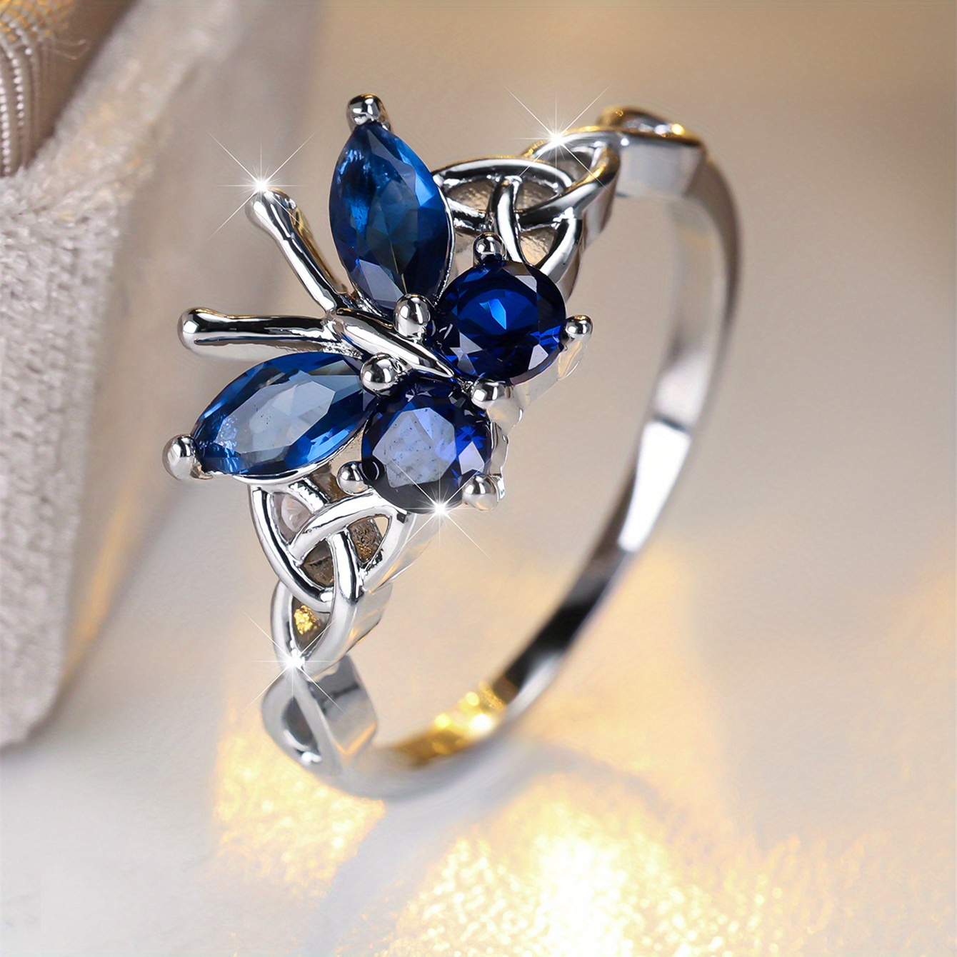 

Elegant Luxury Style Butterfly Ring, Bridal Tempered Graceful Wedding Band, Party High-end Fashion Faux Jewelry, Blue Glass Accents