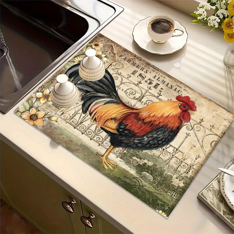 

1pc Rooster Print Dish Drying Mat - Polyester, Multi-use For Kitchen & Dining Table Decor, Coffee & Plate Draining Pad