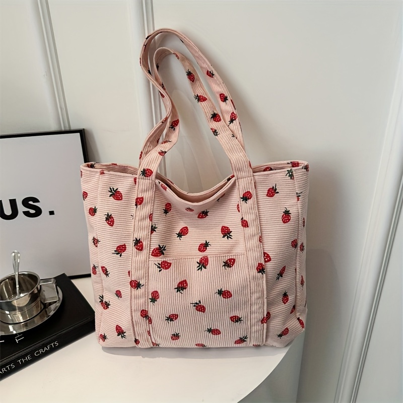 

Large Capacity Handbag, Cute Strawberry Pattern Shoulder Bag, Corduroy Women's School Handbag