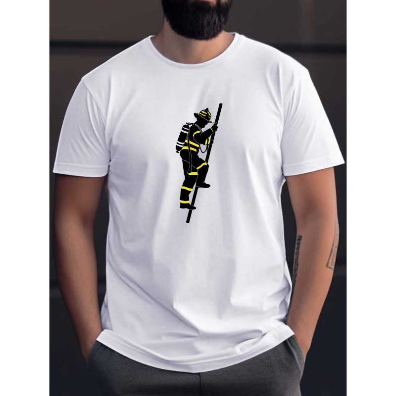 

Firefighter On A Ladder Print Tee Shirt, Tees For Men, Casual Short Sleeve T-shirt For Summer