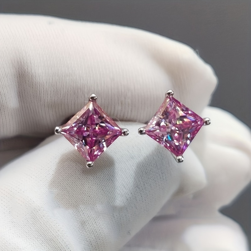Women's Stylish Princess Cut Pink Moissanite Stud Earrings