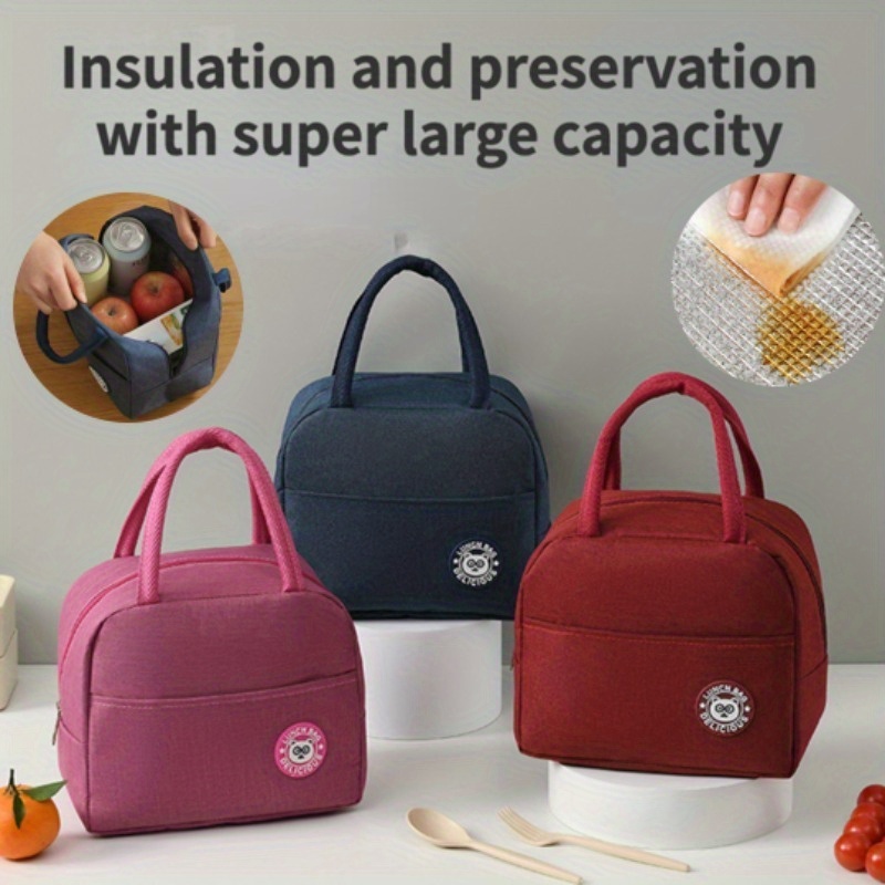 

Solid Color Insulated Lunch Bag, Thermal Bento Box Carrier, Portable Satchel Storage Bag For Work And Meals