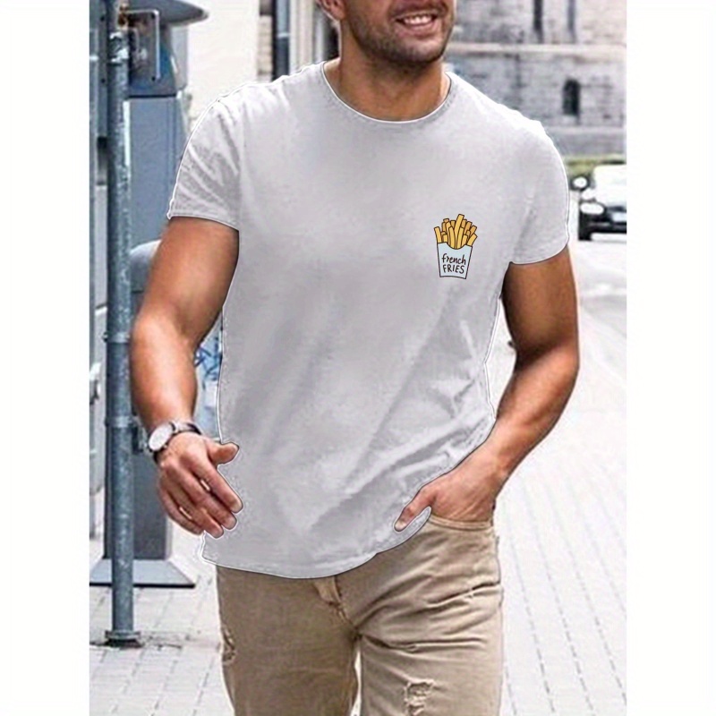 

French Fries Print Men's Crew Neck Fashionable Short Sleeve Sports T-shirt, Comfortable And Versatile, For Summer And Spring, Athletic Style, Comfort Fit T-shirt, As Gifts