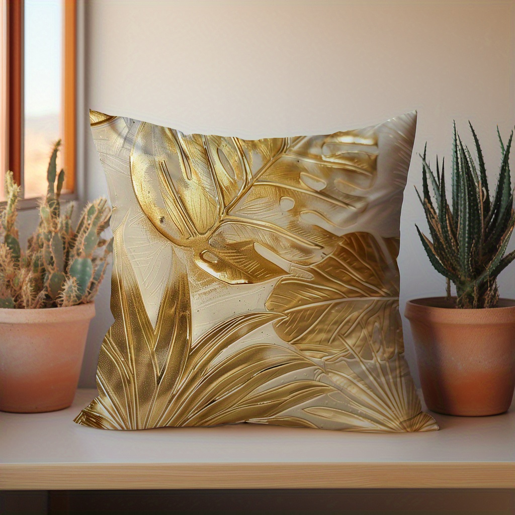 

1pc Contemporary Golden Leaf Print Double-sided Throw Pillow Cover, 17.7x17.7 Inch Peach Skin Velvet Cushion Case For Sofa Decor