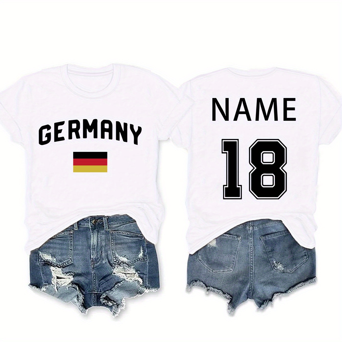 

Germany Fan Soccer Crew Neck T-shirt, Casual Customized With Name & Number On The Back Short Sleeve T-shirt For Spring & Summer, Women's Clothing