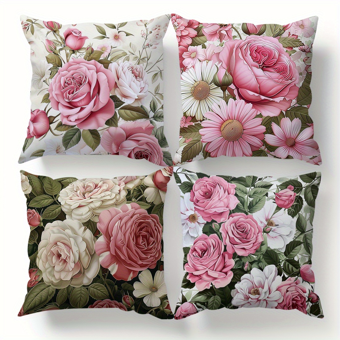 

4pcs Pink Roses & Daisies Throw Pillow Covers, Peach Skin Velvet, 17.7inch, Contemporary Single-sided Cushion Cases, Floral Decorative Sofa & Bed Pillowcases