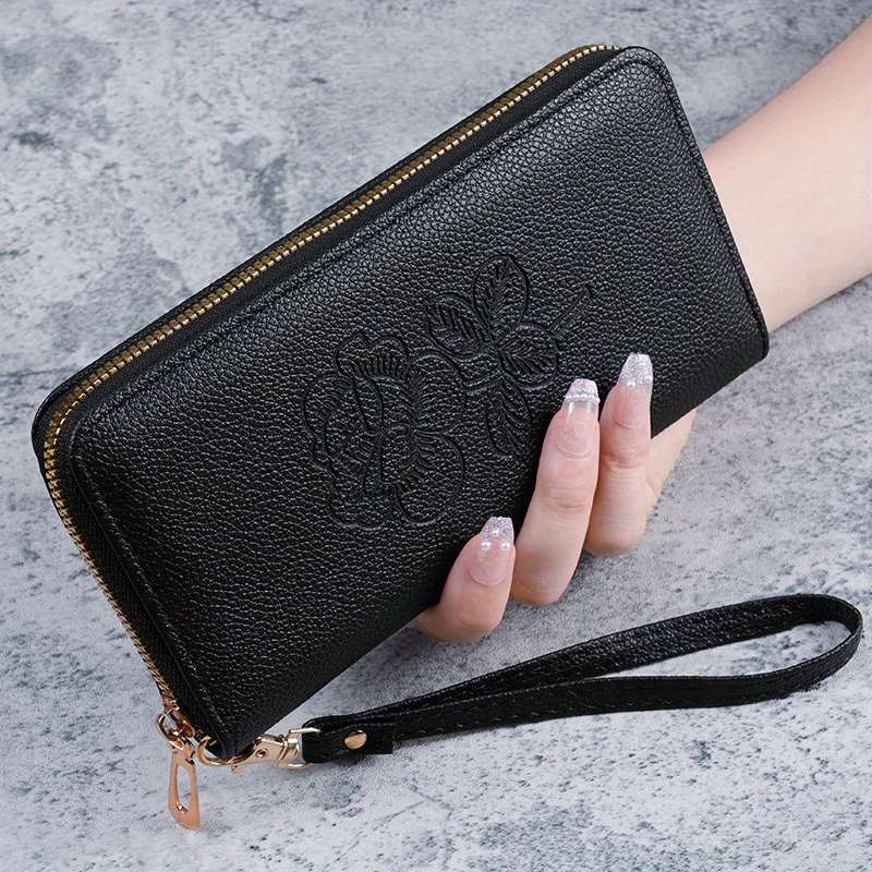 TEMU Women's Elegant Long Wallet With Floral Embossment, Korean Style 2024 New Multi-functional Zipper Clutch Wallet