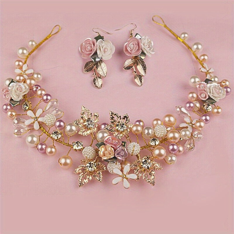 

1set Handwoven Pearl And Ceramic Flower Bridal Headband Set, Wavy Hair Alloy Crown With Knitted Detailing, High-end Wedding Hair Accessories