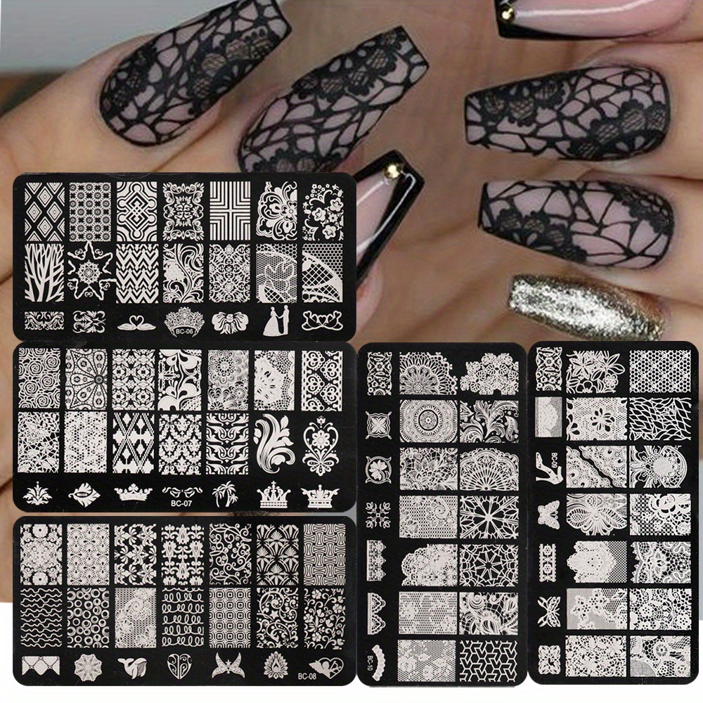 

5pcs Lace Flower Nail Plates Set - Elegant Patterns & Designs For Manicure, Diy Nail Polish Printing Tools