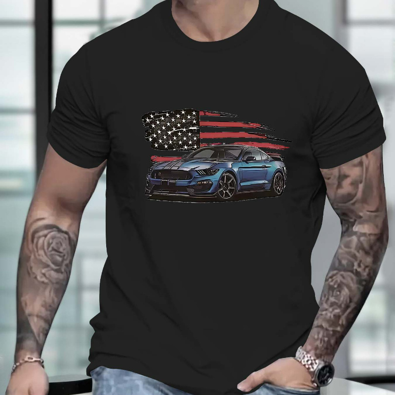 

Men's Fashionable Short Sleeves, American Flag & Mustang Creative Print Crew Neck T-shirts, Casual Fit For Everyday Wear