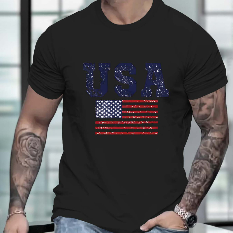 

Usa Flag Graphic Print Crew Neck Short Sleeve T-shirt For Men, Casual Summer T-shirt For Daily Wear And Vacation Resorts