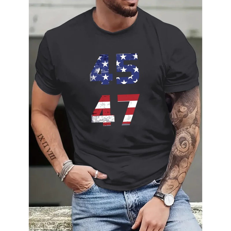 

45 47 Print, Men's Round Crew Neck Short Sleeve, Simple Style Tee Fashion Regular Fit T-shirt, Casual Comfy Top For Spring Summer Holiday Leisure Vacation Men's Clothing As Gift