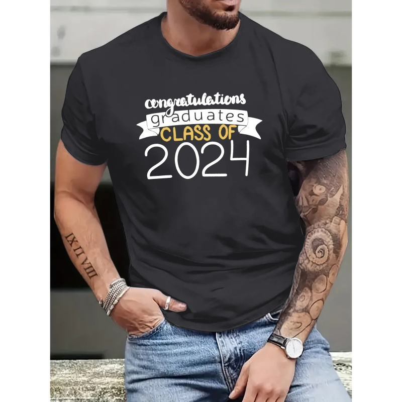 

Class Of 2024 Print, Men's Round Crew Neck Short Sleeve, Simple Style Tee Fashion Regular Fit T-shirt, Casual Comfy Top For Spring Summer Holiday Leisure Vacation Men's Clothing As Gift