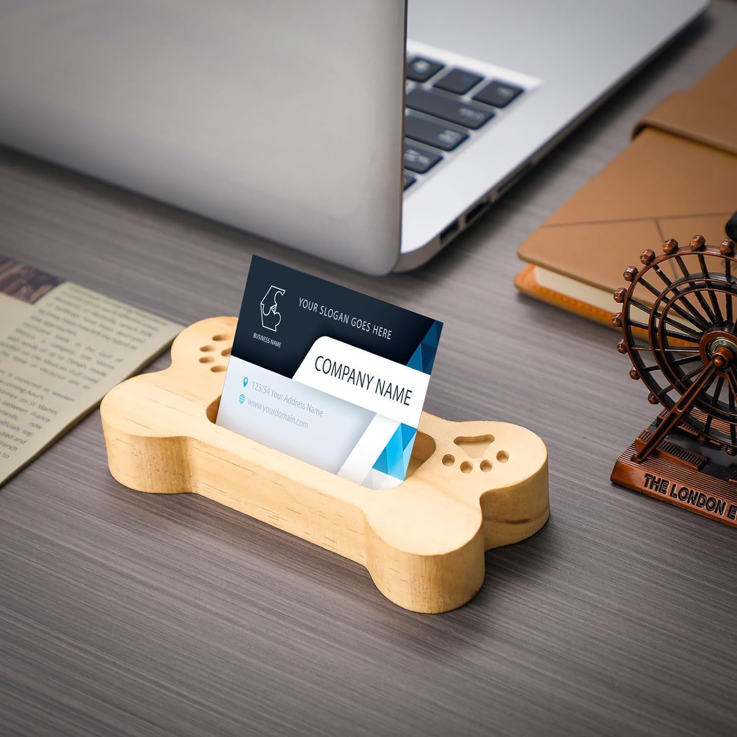 Image of 1pc Wooden Business Card Holder With Engraved Dog Bone Design And Paw Print - Desktop Display Stand For Cards, Pet, Card Holder