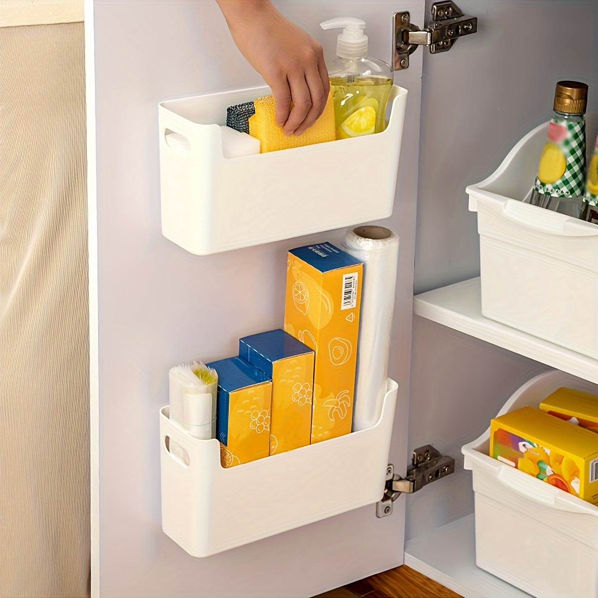 

Set Of 2 Hanging Kitchen Cabinet Organizers - Wall Mount Plastic Storage Bins For Cling Film And Bags - No Drilling Required Cabinet Interior Organizers, Large And Small Combo Pack