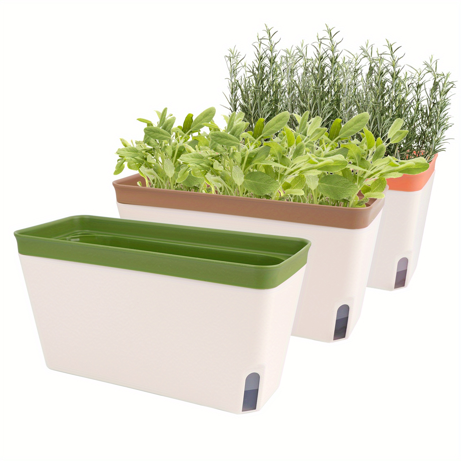 

3pcs, Windowsill Herb Planter Box Indoor Set Of 3, 10.5 Inch With Visual Water Level Window, Modern Plastic Plant Pots For Herbs, Vegetables, Succulents Plants