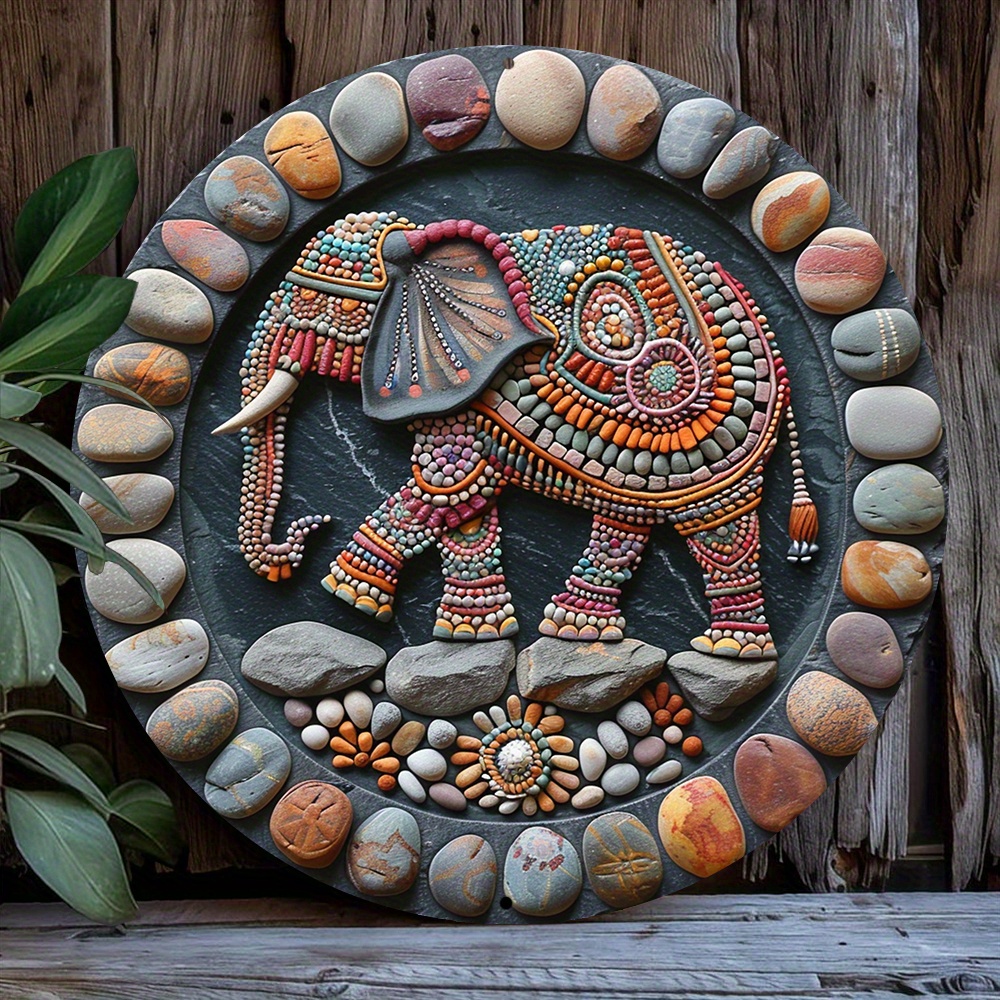 

1pc Aluminum Metal Wreath Sign With 3d Elephant Design, Weather-resistant Pre-drilled Wall Art For Home Entrance & Garden Decor - Indian Elephant Theme B3722
