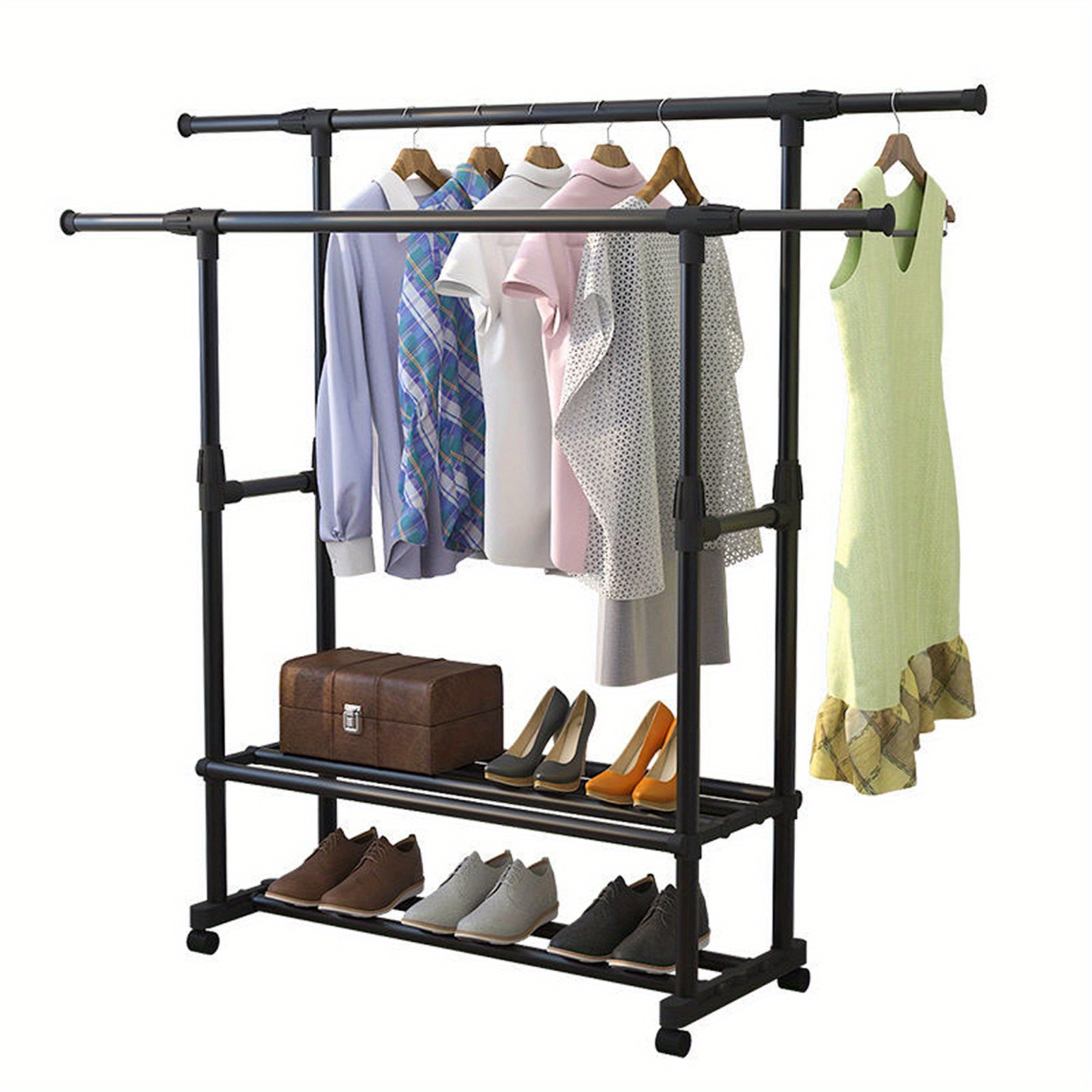 

Clothes Rack, Double Rails Rolling Garment Rack, Clothes Rack Or Hanging Rack, Double Rods Clothing Rack With Bottom Sheves For Shoes, Clothes Rack For Hanging Clothes