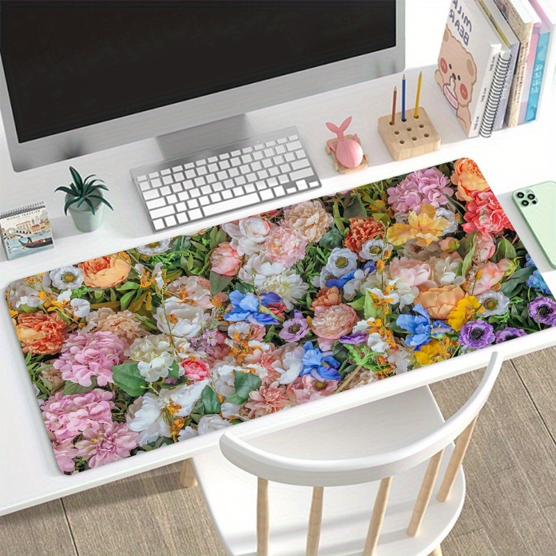 

Xl Floral Gaming Mouse Pad - 35.4x15.7" Extended Desk Mat With Non-slip Rubber Base & Stitched Edges, Multicolor Office Accessory