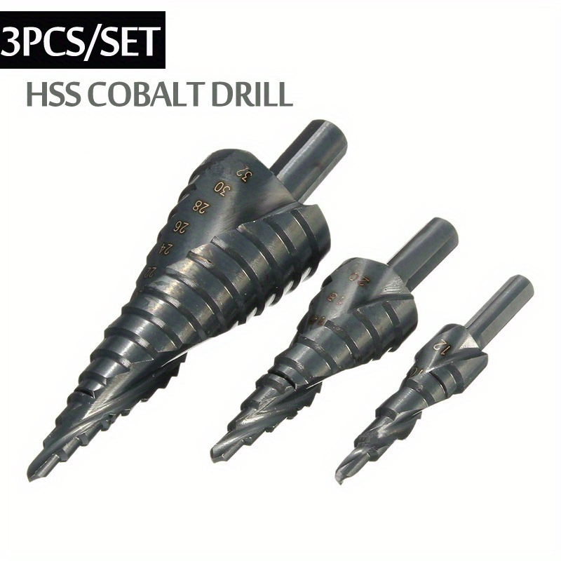 

3pcs/set Hss Cobalt Step Drill Bit Set, 4-32mm Nitride High Speed Steel, Metal Cone Triangle Shank, Spiral Hole Drills For Metal