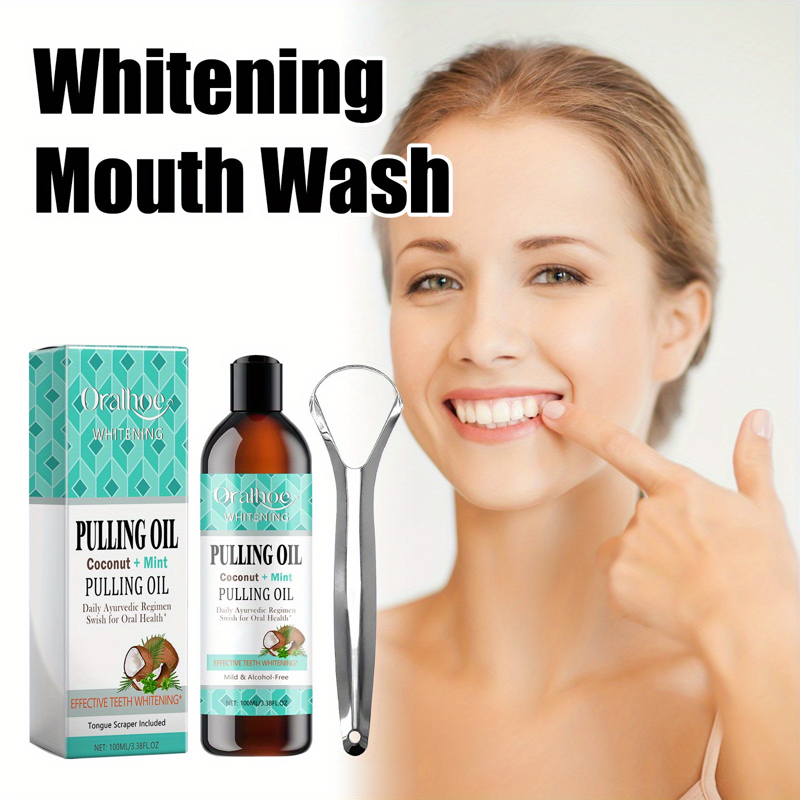 

Coconut & Mint Pulling Oil, 100ml, With Tongue Scraper, Natural Ingredients For Fresh Breath And Oral Care