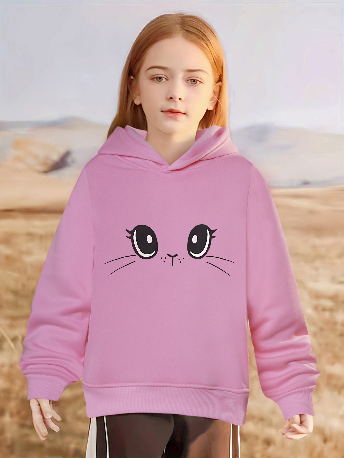 girls pink hooded sweatshirt cute ear face print soft pastel