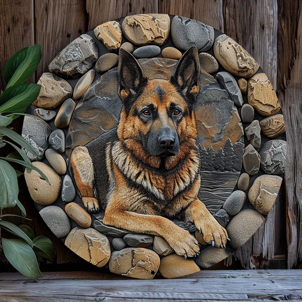 

German Shepherd 8x8" Metal Wreath Sign - Spring Decor For Living Room, Boys' Day & Home Art Supplies