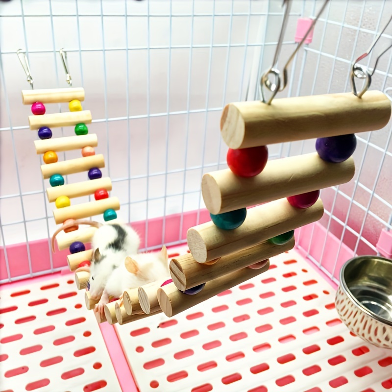 

1pc Colorful Wooden Suspension Bridge For Small Pets, Climbing Ladder And Swing, Playful Stairs Toy, Secure Clips For Cage Attachment, Exercise Accessory