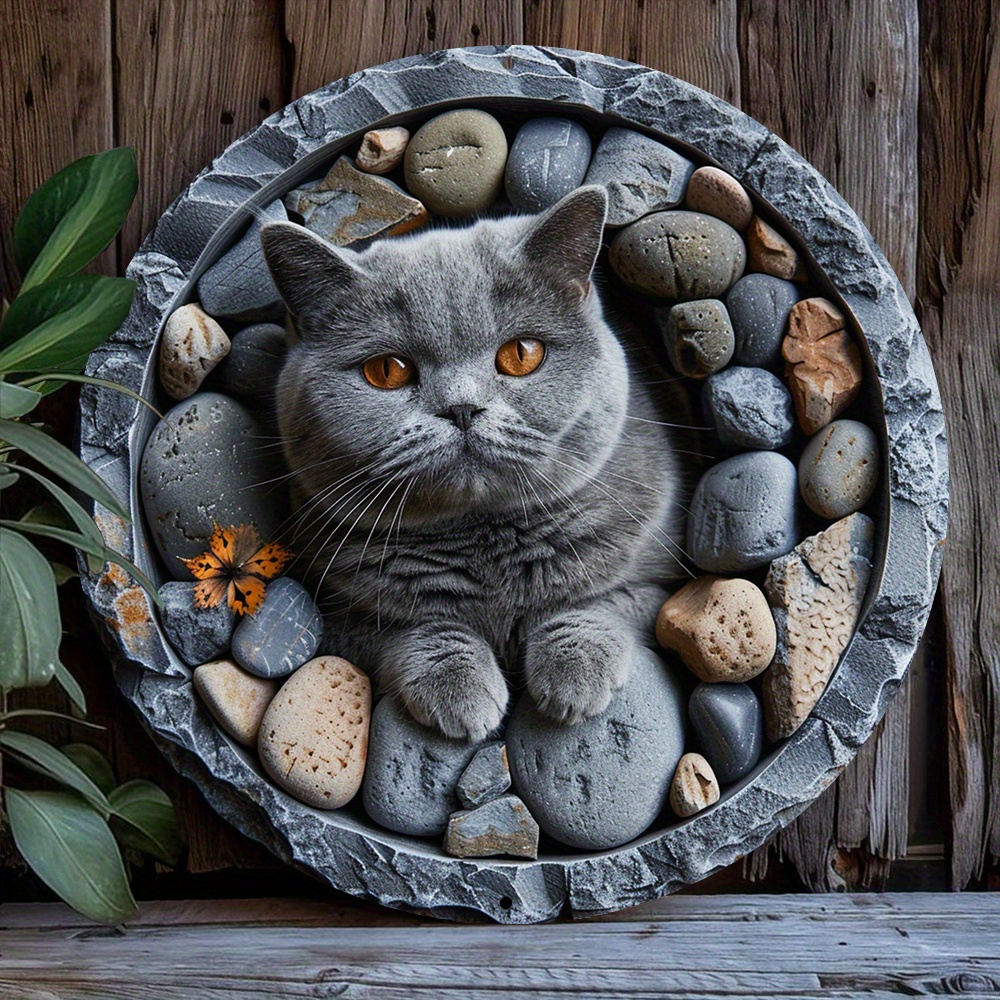 

Elegant 8x8" Metal Wreath Sign With British Shorthair Cat Design - Ideal For Spring & Children's Day Decor