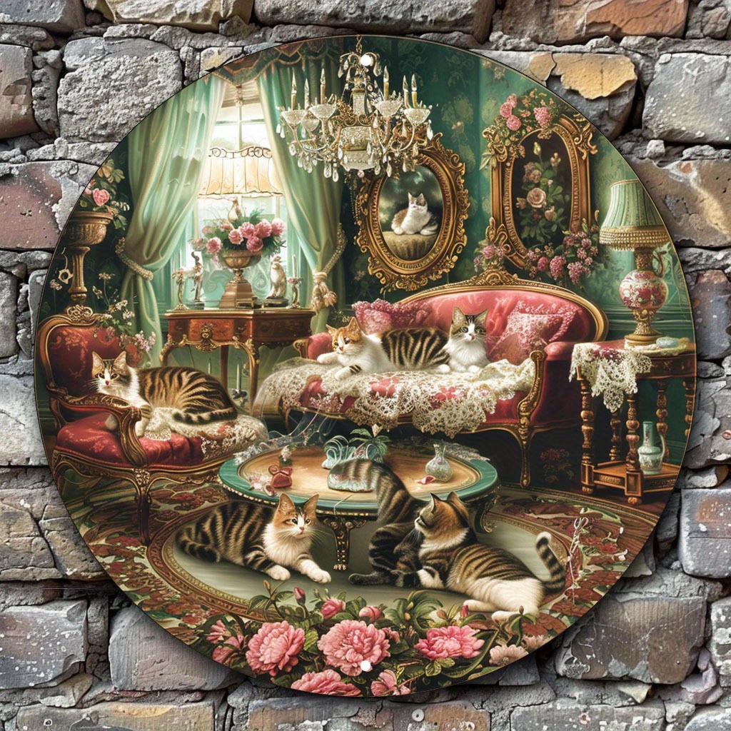 

1pc Aluminum Round Wall Art - Victorian Vignette With Cats, Ideal For Weddings, Bridal Showers, Birthdays, Bachelor Parties, Anniversaries - Opulent Parlor Design Metal Sign Decor