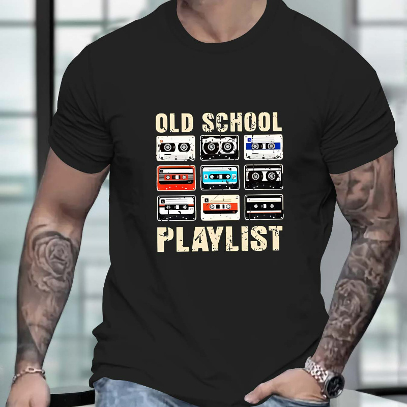 

Old School Playlist Graphic Print Crew Neck Short Sleeve T-shirt For Men, Casual Summer T-shirt For Daily Wear And Vacation Resorts