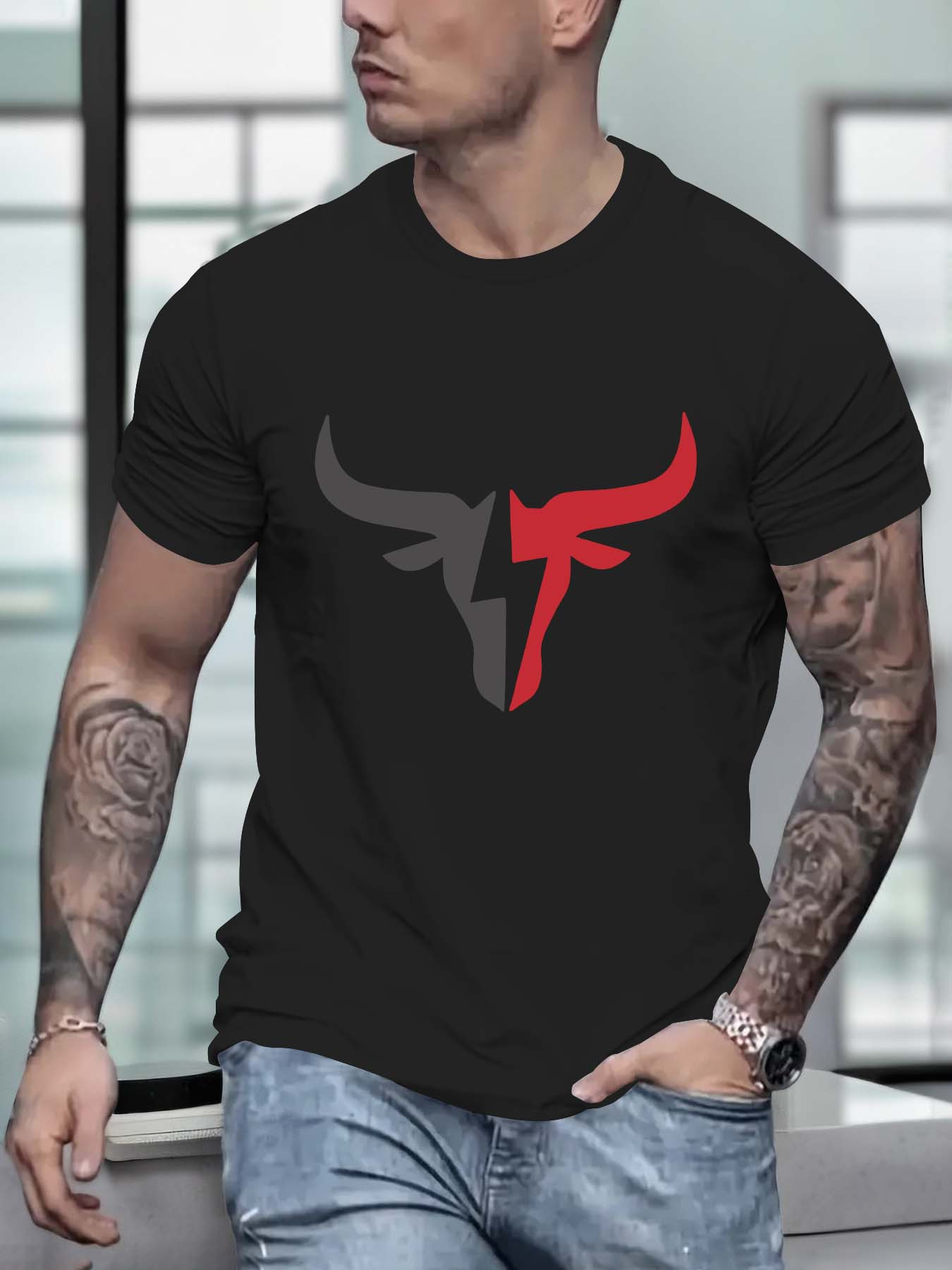 Creative Bull Graphic Print Crew Neck Short Sleeve T-Shirt For Men Casual Summer T-Shirt For Daily Wear And Vacation Resorts
