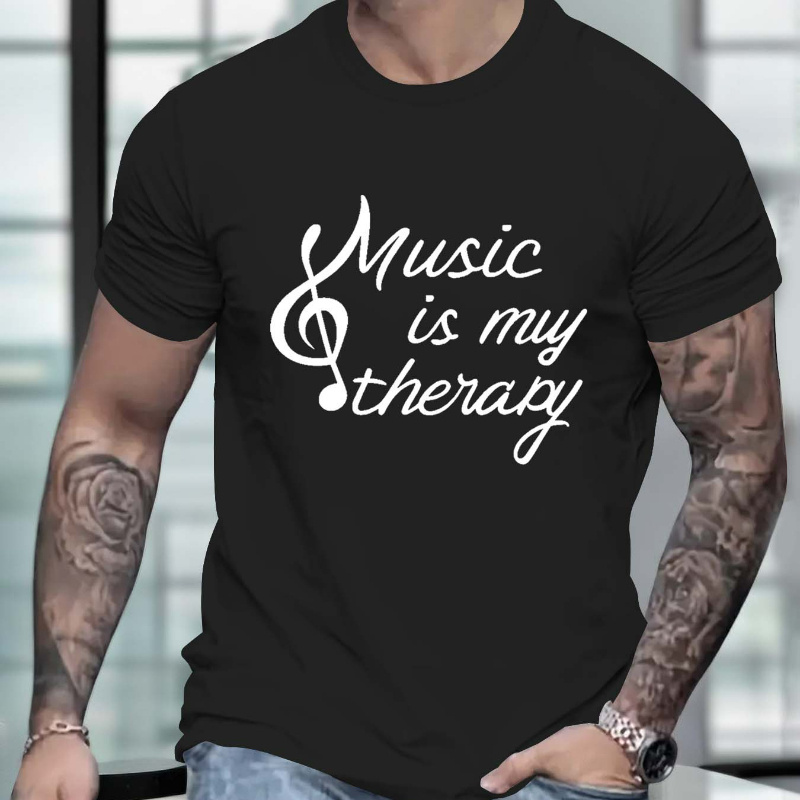 

Music Is My Therapy Alphabet Print Crew Neck Short Sleeve T-shirt For Men, Casual Summer T-shirt For Daily Wear And Vacation Resorts
